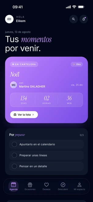 La pantalla Agenda de Khadoo: el cumpleaños de Léa en 2 días, con cuenta atrás y acceso directo a su lista de deseos