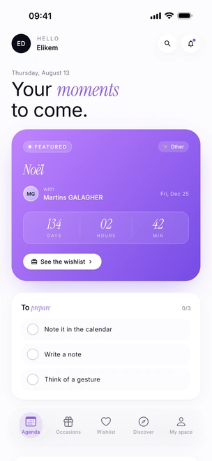 Khadoo’s Agenda screen: Léa’s birthday in 2 days, with a countdown and one-tap access to her wishlist