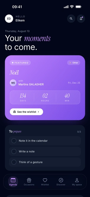 Khadoo’s Agenda screen: Léa’s birthday in 2 days, with a countdown and one-tap access to her wishlist