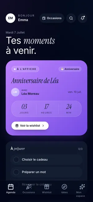 Khadoo’s Agenda screen: Léa’s birthday in 2 days, with a countdown and one-tap access to her wishlist