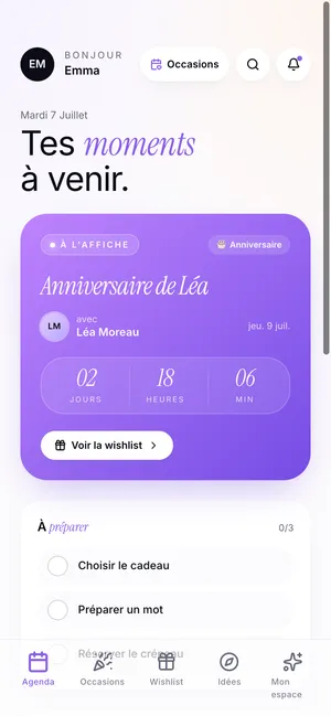 Khadoo’s Agenda screen: Léa’s birthday in 2 days, with a countdown and one-tap access to her wishlist