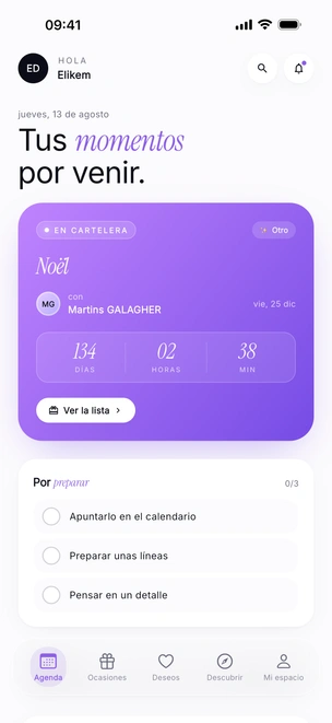 La pantalla Agenda de Khadoo: el cumpleaños de Léa en 2 días, con cuenta atrás y acceso directo a su lista de deseos