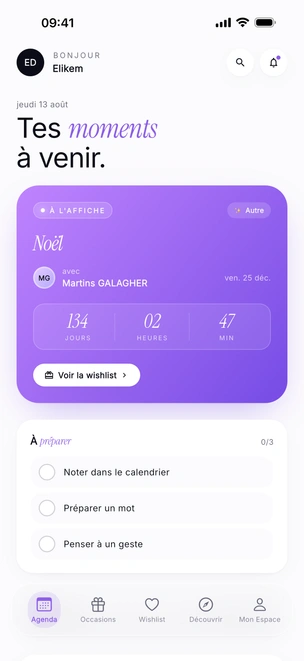 L’écran Agenda de Khadoo : l’anniversaire de Léa dans 2 jours, avec compte à rebours et accès direct à sa wishlist