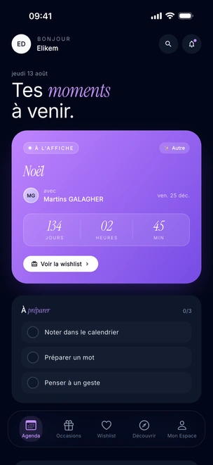 L’écran Agenda de Khadoo : l’anniversaire de Léa dans 2 jours, avec compte à rebours et accès direct à sa wishlist
