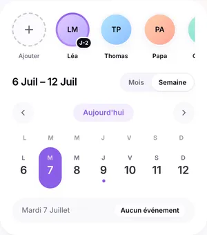 The friend circle in Khadoo: Léa (birthday in 2 days), Thomas and Dad, above the week’s agenda