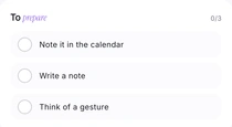 Khadoo’s “To prepare” checklist: pick the gift, write a note, book the time slot