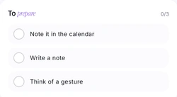 Khadoo’s “To prepare” checklist: pick the gift, write a note, book the time slot