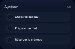 Khadoo’s “To prepare” checklist: pick the gift, write a note, book the time slot