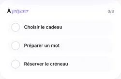 Khadoo’s “To prepare” checklist: pick the gift, write a note, book the time slot