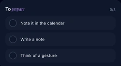 Khadoo’s “To prepare” checklist: pick the gift, write a note, book the time slot
