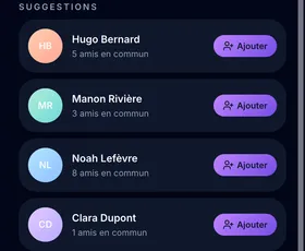 Friend suggestions in Khadoo: Hugo, Manon and Noah, with mutual friends and an Add button