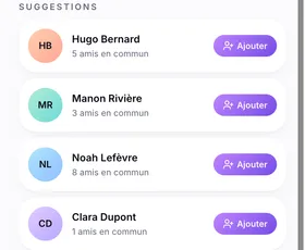 Friend suggestions in Khadoo: Hugo, Manon and Noah, with mutual friends and an Add button
