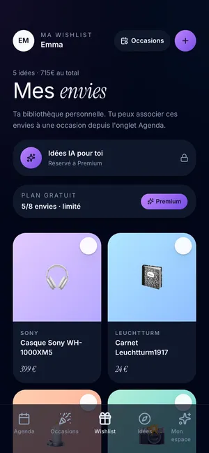 Khadoo’s My wishes screen: 5 ideas worth €715 in total, with the Sony headphones and the Leuchtturm1917 notebook